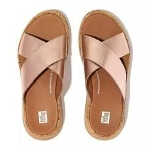 FitFlop Women's F-Mode Metallic Leather/Cork Flatform Cross Slides Size 8